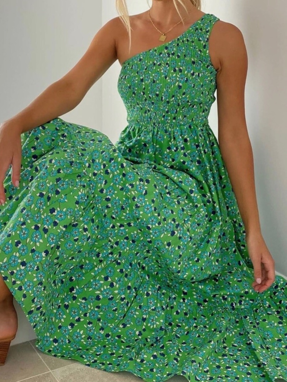 Smocked One-Shoulder Green Floral Midi Dress